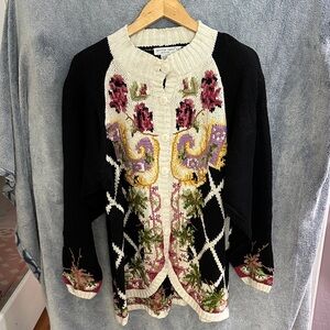 Elegant Black and Cream Cardigan with Floral Accents